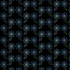 Blue Floral Line Art Pattern on Black Background