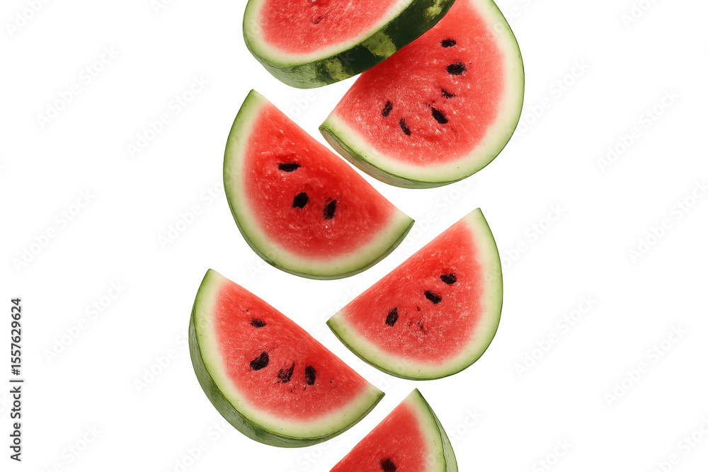 Poster fresh watermelon slices falling against a transparent background, creating a vibrant and refreshing 