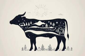 Sunlit Cow Silhouette – Hills & Trees Vector Design