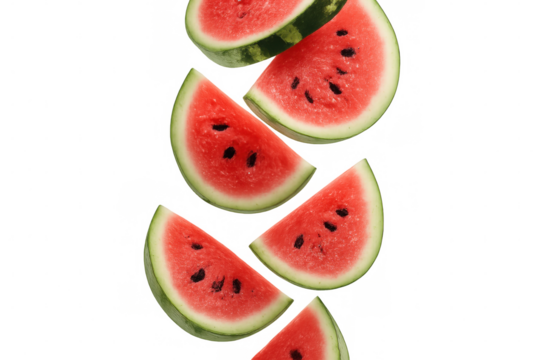 Fresh watermelon slices falling against a transparent background, creating a vibrant and refreshing image perfect for summer projects