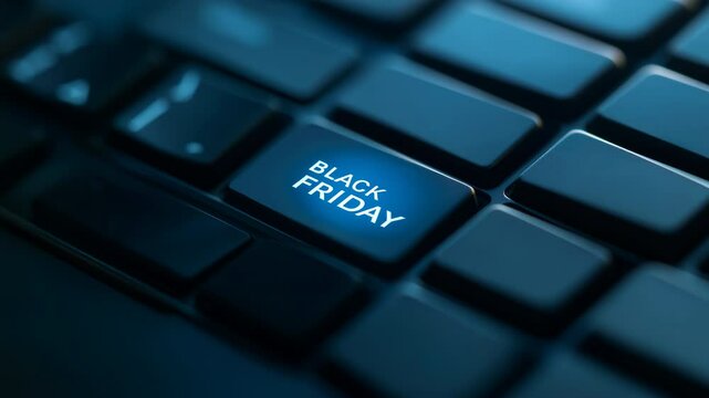 Finger pressing the key with the inscription Black Friday on the computer keyboard. Concept of online sale, discounts and shopping on the Internet. Digital background, modern style.