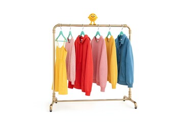 Colorful clothes hanging on rack, studio shot, cheerful background, e-commerce