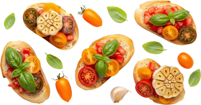 Bruschetta with assorted tomatoes roasted garlic and fresh basil leaves on toasted bread slices floating in the air