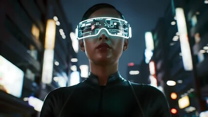 Futuristic woman wearing a glowing neon visor, reflecting city lights, exuding a sleek and cyberpunk vibe. 4K - Powered by Adobe