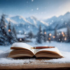 Open Book with Pen in Snowy Winter Setting