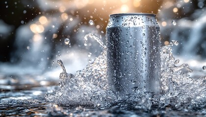 Refreshing Aluminum Can in Water Splash