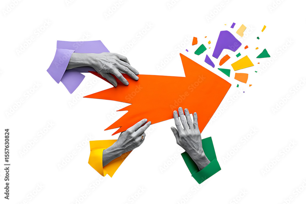 Poster hands manipulating orange arrow with colorful fragments isolated on a transparent background image