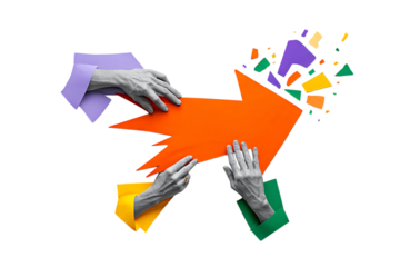 Hands Manipulating Orange Arrow With Colorful Fragments isolated on a transparent background image