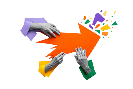 Hands Manipulating Orange Arrow With Colorful Fragments isolated on a transparent background image