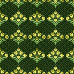 Seamless floral pattern with stylized yellow tulip-like flowers and green leaves on a dark green background. Perfect for fabric prints, wrapping paper, wallpapers, digital use, and surface decoration
