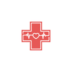 Red medical cross with heartbeat symbol representing healthcare and wellness