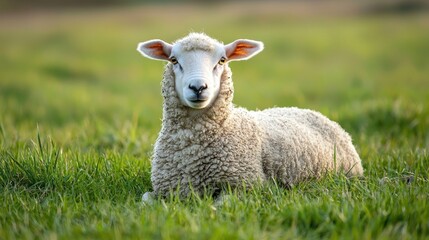 Fototapeta premium A white sheep lying in a green field with a blurred background.