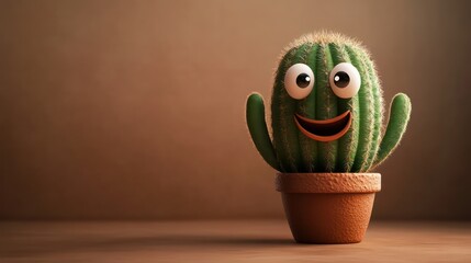Adorable smiling cactus with big expressive eyes on light brown background, cute kawaii desert plant character.