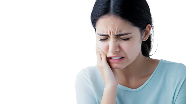 Young woman experiencing severe toothache or dental pain, showing discomfort and concern while holding her jaw in a close-up portrait with emotional expression.