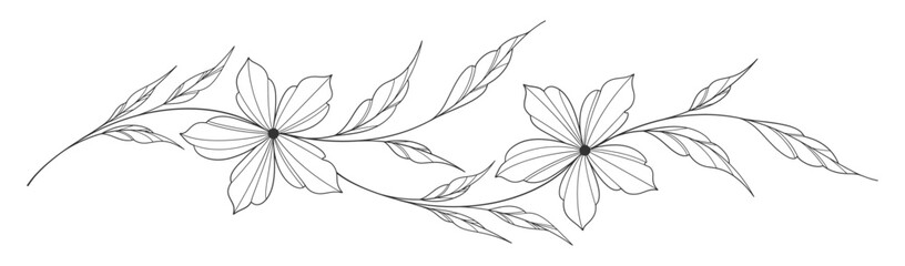 flower and leaves drawing. Vector hand drawn engraved floral card. Botanical, branch and flower Black ink sketch. Great for tattoo, invitations, greeting cards, decor