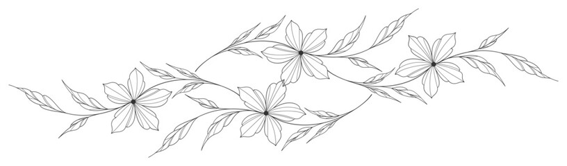 flower and leaves drawing. Vector hand drawn engraved floral card. Botanical, branch and flower Black ink sketch. Great for tattoo, invitations, greeting cards, decor