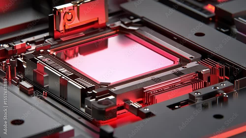 Poster High-Tech Chip Close-up:  A detailed close-up of a sophisticated microchip, showcasing its intricate design and internal components, illuminated with dramatic red lighting.