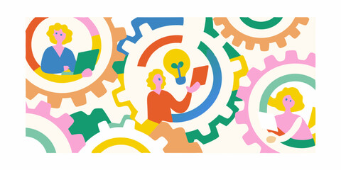 Diverse team collaborating within colorful interlocking gears representing teamwork and innovation