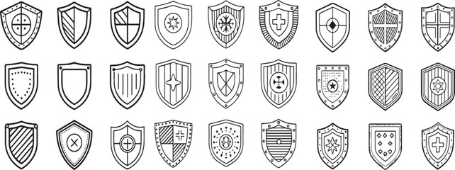 Set of heraldic shield icons with medieval crest and emblem designs