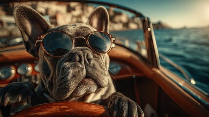 Cool French Bulldog Driving a Boat in Sunglasses