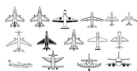 airplane icons. aircraft icon, airplane symbols, Aircraft Top View Line Icons Set for Commercial, Military, and Cargo Planes