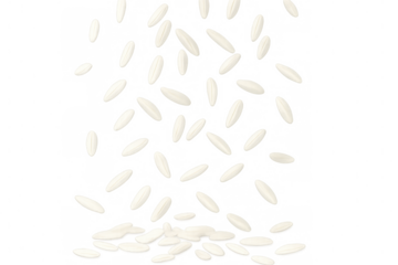 Pristine white rice grains cascading softly, falling elegantly against transparent backdrop, depicting pure culinary grain movement