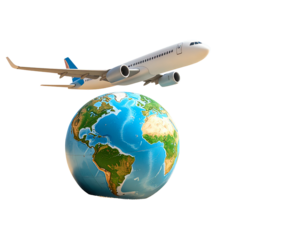Airplane Flying Over Globe on Sandy Beach, Transparent Background