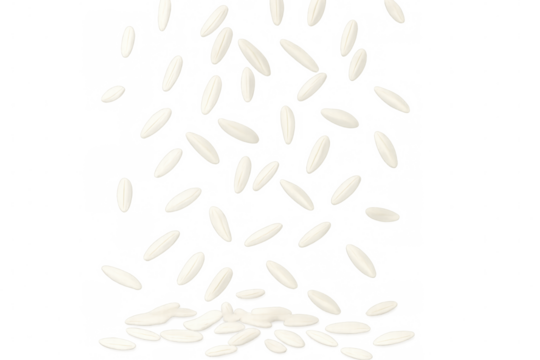 Pristine white rice grains cascading softly, falling elegantly against transparent backdrop, depicting pure culinary grain movement
