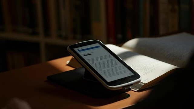 Open book and e-reader on table in dimly lit library