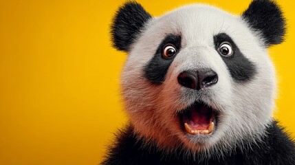 Naklejka premium Panda looking surprised, reacting amazed, impressed, standing over yellow background