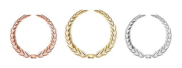 Award laurel set isolated on a transparent background. First, second and third place. Winner template. Symbol of victory and achievement. Gold laurel wreath.