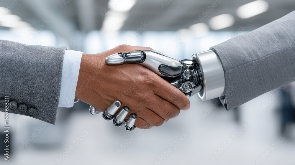 Poster robot and human handshake displays artificial intelligence and business collaboration in the technol