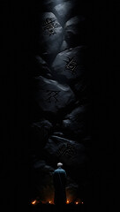 A man standing before a dark stone wall with glowing symbols and small flickering flames at his feet