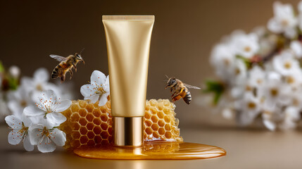 Golden cosmetic product tube standing on a glossy honey puddle. Surrounded by honeycomb, cherry blossoms and bees
