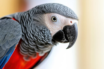 Obraz premium Majestic African grey parrot perched calmly, intricate feather patterns visible, isolated on a bright white background. 