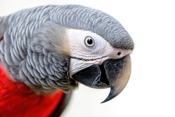 Obraz premium Majestic African grey parrot perched calmly, intricate feather patterns visible, isolated on a bright white background. 