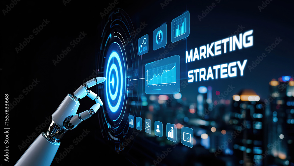 Poster futuristic robot hand interacting with marketing strategy hologram displaying data analytics and gro