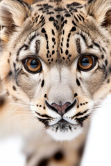 Male snow leopard with beautiful spotted fur and piercing eyes, isolated on a white backdrop. 