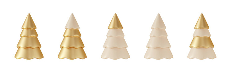Realistic Golden Christmas trees 3D set PNG. Gold pine trees with festive decorations isolated on white background. Winter holiday design elements.
