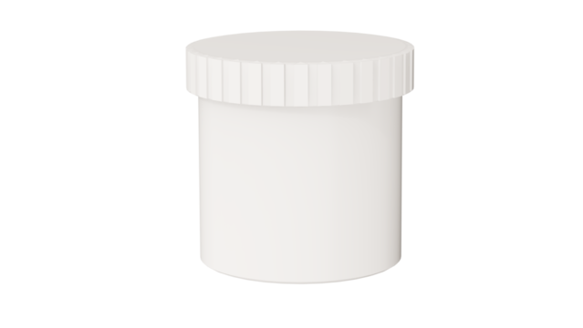 A sleek and modern white pill bottle stands prominently against a solid black background, showcasing its simplistic design and clean lines.
