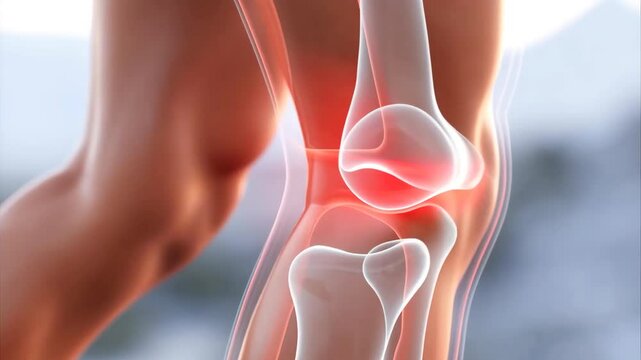 Close-up 3D medical animation of a painful human knee joint with red glowing inflammation during bending and straightening movement