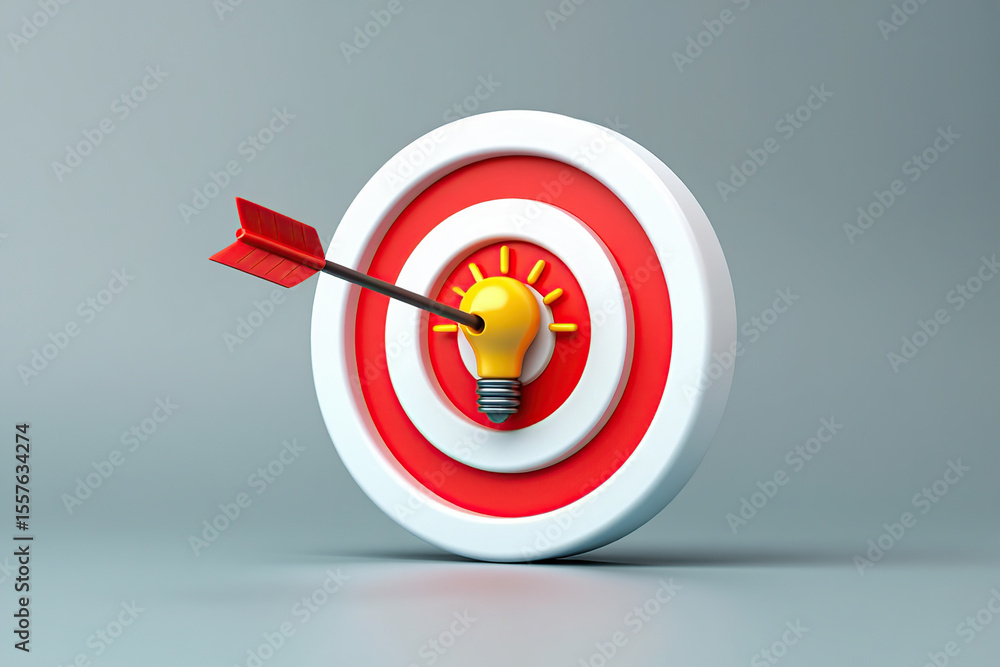 Poster conceptual illustration of a light bulb target with an arrow hitting the bulb on a red and white tar