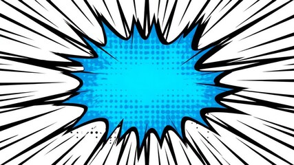 Dynamic pop art animation with a blue explosion bubble and black radial speed lines on a white background - Powered by Adobe