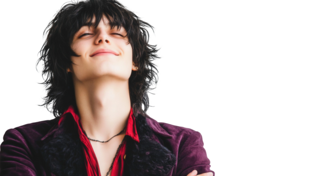 Young man with tousled black hair wearing a stylish velvet jacket and red shirt, exuding confidence with a subtle smile against a white background