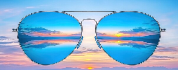 A pair of aviator sunglasses reflects a vibrant sunset sky with clouds and mountains in the distance.