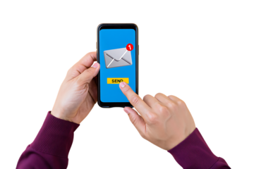 Person holding smartphone sending email notification isolated on a transparent background hand finger