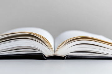 Obraz premium Minimalist white open book with blank pages, laying flat on a seamless white backdrop. 