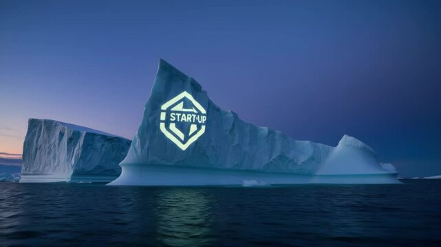 Iceberg in calm ocean with glowing startup logo at sunset