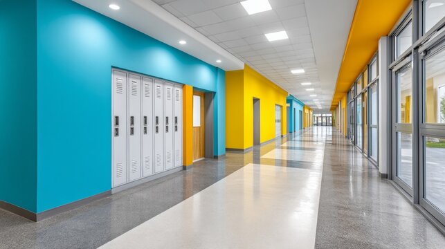 A hallway with a blue wall and yellow walls. The hallway is empty and has a bright, cheerful atmosphere