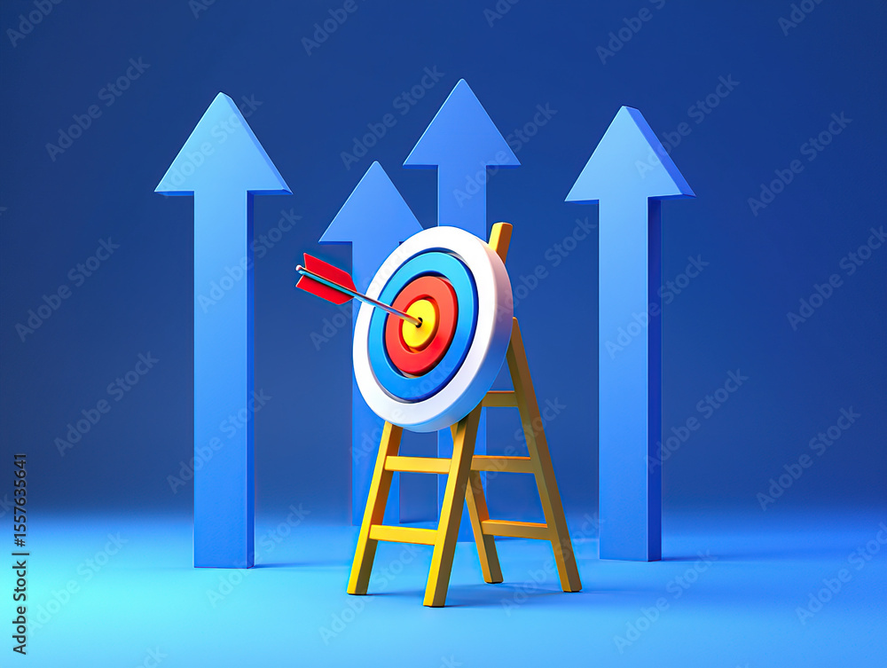 Poster achieving goals a 3d render of a target with an arrow hitting the bullseye, supported by a ladder, s
